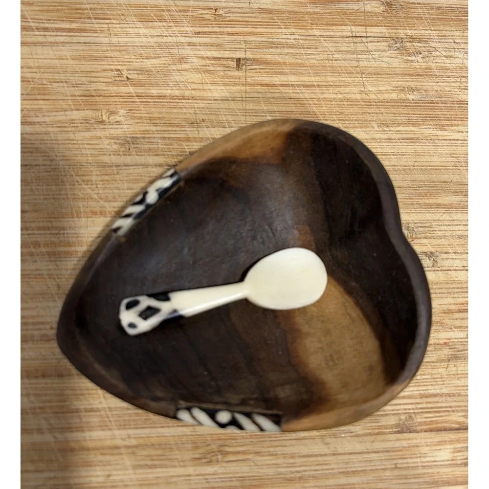 Kenyan hand-carved 4.25x3 Inches Rustic Olive Wood Bowl & Bone Spoon And Inlay